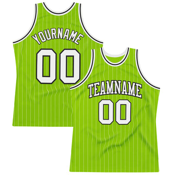 Custom Neon Green White Pinstripe Black Authentic Basketball Jersey