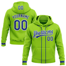 Load image into Gallery viewer, Custom Stitched Neon Green Royal-White Baseball Pullover Sweatshirt Hoodie