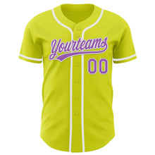Laden Sie das Bild in den Galerie-Viewer, Custom Neon Yellow Medium Purple-White Authentic Baseball Jersey