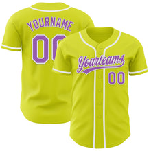 Laden Sie das Bild in den Galerie-Viewer, Custom Neon Yellow Medium Purple-White Authentic Baseball Jersey