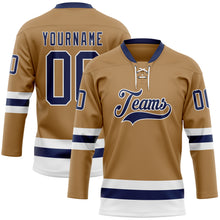 Load image into Gallery viewer, Custom Old Gold Navy-White Hockey Lace Neck Jersey