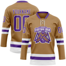 Load image into Gallery viewer, Custom Old Gold Purple-White Hockey Lace Neck Jersey