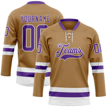 Load image into Gallery viewer, Custom Old Gold Purple-White Hockey Lace Neck Jersey