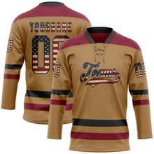 Load image into Gallery viewer, Custom Old Gold Vintage USA Flag Black-Crimson Hockey Lace Neck Jersey