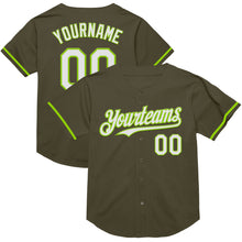Load image into Gallery viewer, Custom Olive White-Neon Green Mesh Authentic Throwback Salute To Service Baseball Jersey