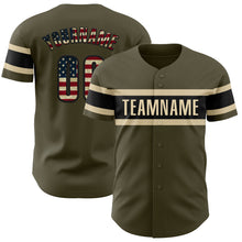 Load image into Gallery viewer, Custom Olive Vintage USA Flag Black-Cream Authentic Salute To Service Baseball Jersey