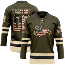 Load image into Gallery viewer, Custom Olive Vintage USA Flag Cream-Black Salute To Service Hockey Lace Neck Jersey