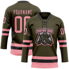 Load image into Gallery viewer, Custom Olive Medium Pink-Black Salute To Service Hockey Lace Neck Jersey