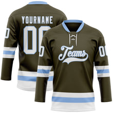 Load image into Gallery viewer, Custom Olive White-Light Blue Salute To Service Hockey Lace Neck Jersey