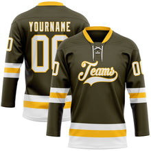 Load image into Gallery viewer, Custom Olive White-Gold Salute To Service Hockey Lace Neck Jersey