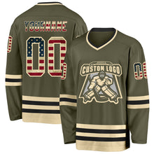 Charger l'image dans la galerie, Custom Olive Vintage USA Flag Cream-Black Salute To Service Hockey Jersey