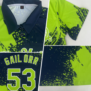 Custom Neon Green Navy-White 3D Pattern Design Abstract Brush Stroke Performance Polo Shirt