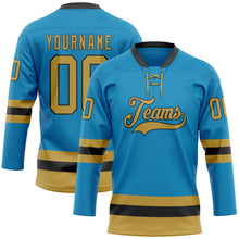 Laden Sie das Bild in den Galerie-Viewer, Custom Panther Blue Old Gold-Black Hockey Lace Neck Jersey