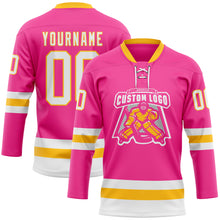 Load image into Gallery viewer, Custom Pink White-Gold Hockey Lace Neck Jersey