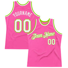 Laden Sie das Bild in den Galerie-Viewer, Custom Pink White-Neon Green Authentic Throwback Basketball Jersey