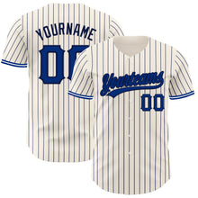 Загрузить изображение в средство просмотра галереи, Custom Cream Navy Pinstripe Royal Navy-White Authentic Baseball Jersey