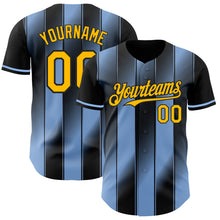 Laden Sie das Bild in den Galerie-Viewer, Custom Black Gold-Light Blue Gradient Classic Vertical Stripe Authentic Baseball Jersey