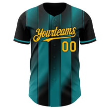 Laden Sie das Bild in den Galerie-Viewer, Custom Black Gold-Teal Gradient Classic Vertical Stripe Authentic Baseball Jersey