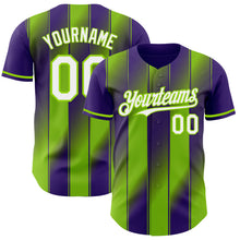 Laden Sie das Bild in den Galerie-Viewer, Custom Purple White-Neon Green Gradient Classic Vertical Stripe Authentic Baseball Jersey