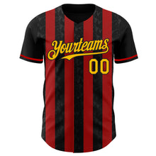 Load image into Gallery viewer, Custom Black Gold-Red Classic Vertical Stripe Fluid Liquid Texture Authentic Baseball Jersey
