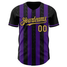 Загрузить изображение в средство просмотра галереи, Custom Black Old Gold-Purple Classic Vertical Stripe Fluid Liquid Texture Authentic Baseball Jersey