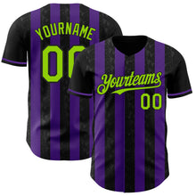 Laden Sie das Bild in den Galerie-Viewer, Custom Black Neon Green-Purple Classic Vertical Stripe Fluid Liquid Texture Authentic Baseball Jersey