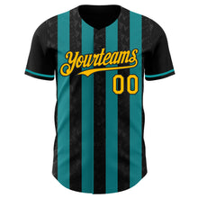 Load image into Gallery viewer, Custom Black Gold-Teal Classic Vertical Stripe Fluid Liquid Texture Authentic Baseball Jersey