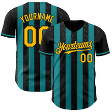 Load image into Gallery viewer, Custom Black Gold-Teal Classic Vertical Stripe Fluid Liquid Texture Authentic Baseball Jersey