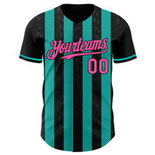Загрузить изображение в средство просмотра галереи, Custom Black Pink-Aqua Classic Vertical Stripe Fluid Liquid Texture Authentic Baseball Jersey