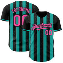 Загрузить изображение в средство просмотра галереи, Custom Black Pink-Aqua Classic Vertical Stripe Fluid Liquid Texture Authentic Baseball Jersey