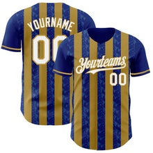 Load image into Gallery viewer, Custom Royal White-Old Gold Classic Vertical Stripe Fluid Liquid Texture Authentic Baseball Jersey