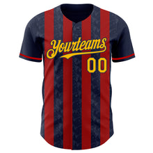 Laden Sie das Bild in den Galerie-Viewer, Custom Navy Gold-Red Classic Vertical Stripe Fluid Liquid Texture Authentic Baseball Jersey