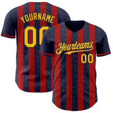 Laden Sie das Bild in den Galerie-Viewer, Custom Navy Gold-Red Classic Vertical Stripe Fluid Liquid Texture Authentic Baseball Jersey