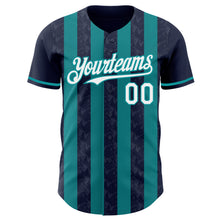 Load image into Gallery viewer, Custom Navy White-Teal Classic Vertical Stripe Fluid Liquid Texture Authentic Baseball Jersey