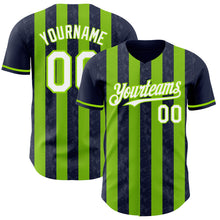 Laden Sie das Bild in den Galerie-Viewer, Custom Navy White-Neon Green Classic Vertical Stripe Fluid Liquid Texture Authentic Baseball Jersey