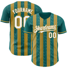 Load image into Gallery viewer, Custom Teal White-Old Gold Classic Vertical Stripe Fluid Liquid Texture Authentic Baseball Jersey