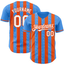 Laden Sie das Bild in den Galerie-Viewer, Custom Electric Blue White-Orange Classic Vertical Stripe Fluid Liquid Texture Authentic Baseball Jersey
