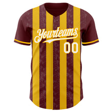 Load image into Gallery viewer, Custom Burgundy White-Gold Classic Vertical Stripe Fluid Liquid Texture Authentic Baseball Jersey