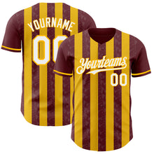Load image into Gallery viewer, Custom Burgundy White-Gold Classic Vertical Stripe Fluid Liquid Texture Authentic Baseball Jersey