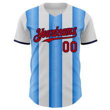 Load image into Gallery viewer, Custom White Red Electric Blue-Navy Gradient Vertical Stripe Argentina Style Authentic Baseball Jersey