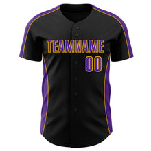 Загрузить изображение в средство просмотра галереи, Custom Black Purple-Gold Classic Color Block Side Panel Stripe Authentic Baseball Jersey
