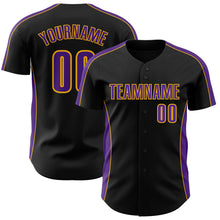 Загрузить изображение в средство просмотра галереи, Custom Black Purple-Gold Classic Color Block Side Panel Stripe Authentic Baseball Jersey