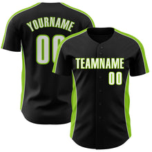 Load image into Gallery viewer, Custom Black White-Neon Green Classic Color Block Side Panel Stripe Authentic Baseball Jersey