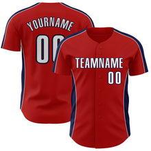 Laden Sie das Bild in den Galerie-Viewer, Custom Red White-Navy Classic Color Block Side Panel Stripe Authentic Baseball Jersey