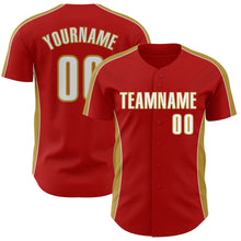 Laden Sie das Bild in den Galerie-Viewer, Custom Red White-Old Gold Classic Color Block Side Panel Stripe Authentic Baseball Jersey