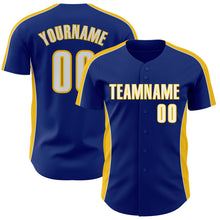 Charger l'image dans la galerie, Custom Royal White-Yellow Classic Color Block Side Panel Stripe Authentic Baseball Jersey