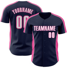 Laden Sie das Bild in den Galerie-Viewer, Custom Navy White-Pink Classic Color Block Side Panel Stripe Authentic Baseball Jersey