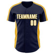 Загрузить изображение в средство просмотра галереи, Custom Navy White-Gold Classic Color Block Side Panel Stripe Authentic Baseball Jersey