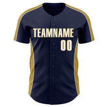 Загрузить изображение в средство просмотра галереи, Custom Navy White-Old Gold Classic Color Block Side Panel Stripe Authentic Baseball Jersey