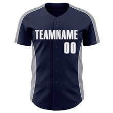 Загрузить изображение в средство просмотра галереи, Custom Navy White-Gray Classic Color Block Side Panel Stripe Authentic Baseball Jersey
